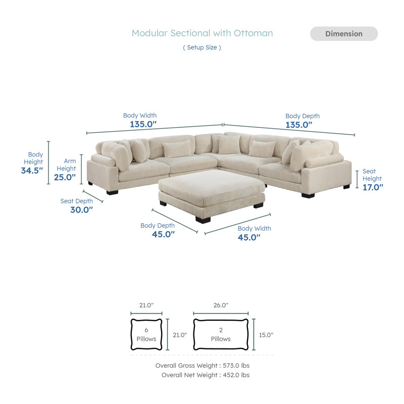 Brinsley 6-Piece 135" Corduroy Modular Sectional Sofa