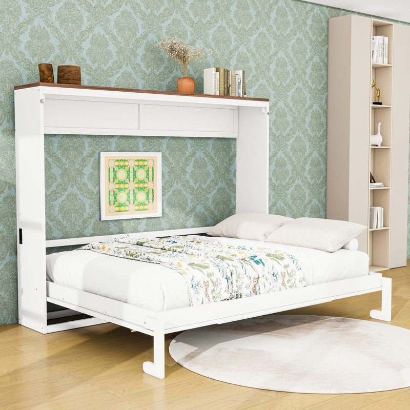 Grand lit escamotable en bois avec port USB, White