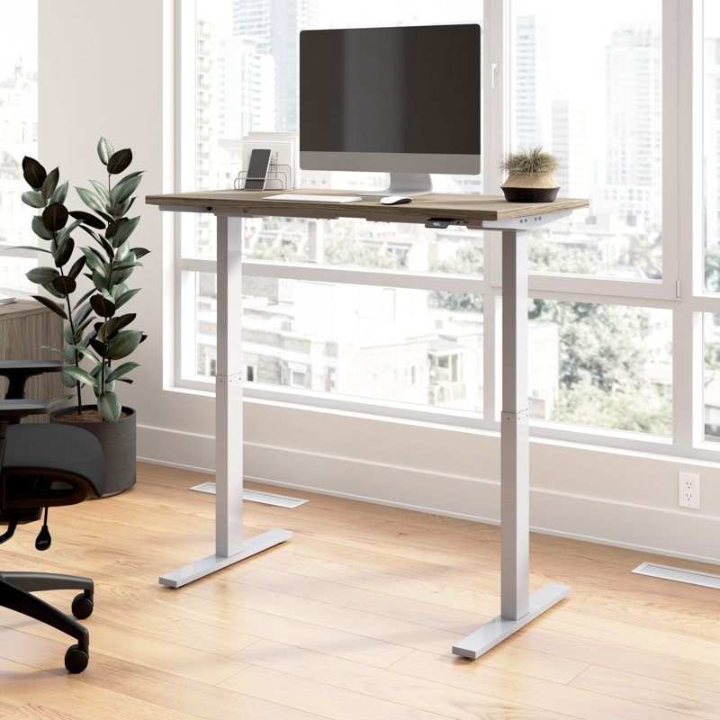 Adjustable Metal Base Standing Desk, 47.68" H x 47.59" W x 23.62" D, Modern Hickory/Silver
