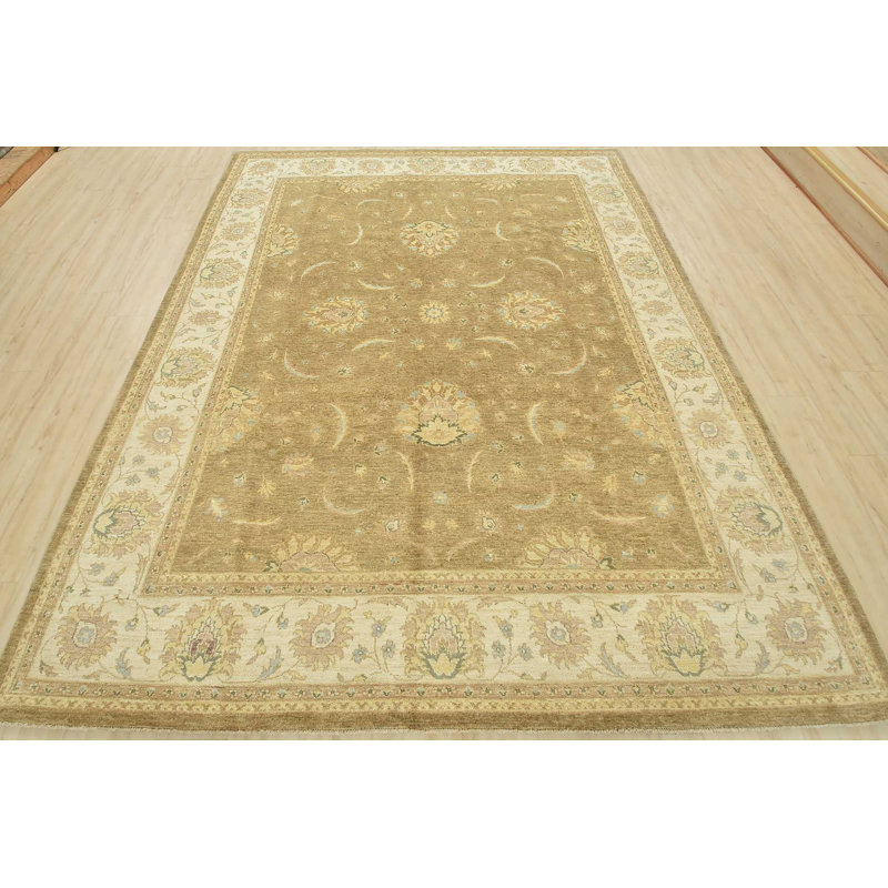 Tapis beige / brun en laine noué à la main de conception unique 8 pi 2 po x 10 pi 5 po