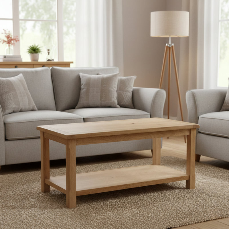 Kings Point Solid Wood Four Leg Coffee Table with Storage, Oak