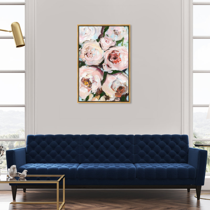 Belles pivoines, fleurs abstraites, rose moderne - Peinture, H 36 po x l 24 po x P 1,75 po, Cadre flottant en plastique doré