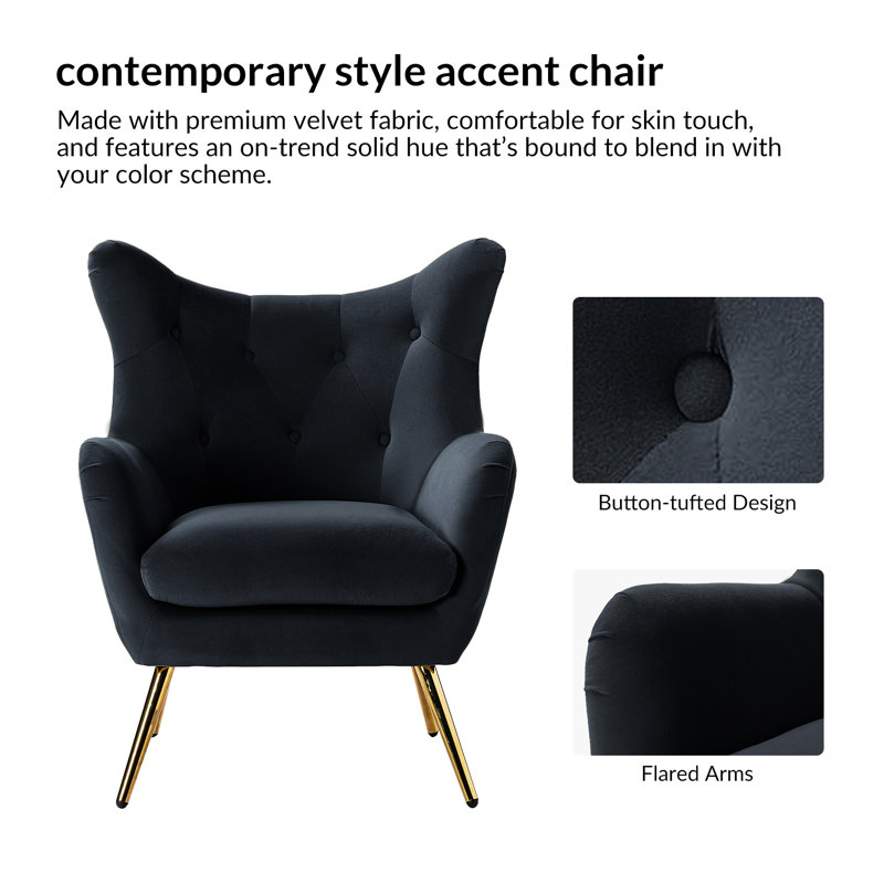 Fauteuil à oreilles 29,25 po Avianna, Velours noir