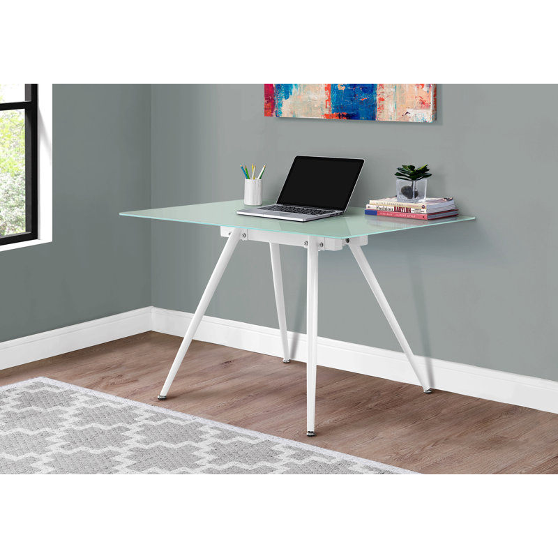 Bureau d'ordinateur, bureau personnel, ordinateur portable, L 48 po, travail, métal blanc, verre trempé, contemporain, moderne