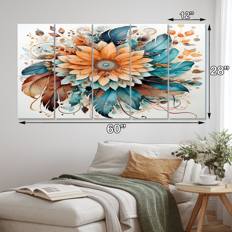 Bouquet d'attrape-rêves bleu-bleu - art mural sur toile Dream Catcher - 5 panneaux égaux