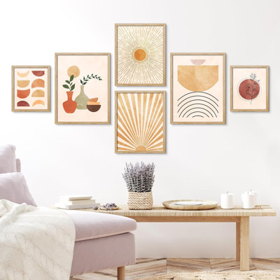 " Pastel Shining Sun, Plant Vase, Polygons Abstract Shapes " 6 - Pieces