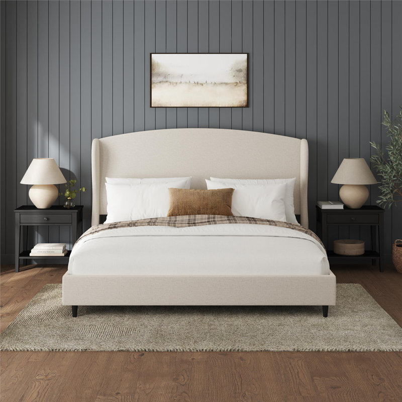 Mikala Wingback Platform Bed Frame, King, Beige