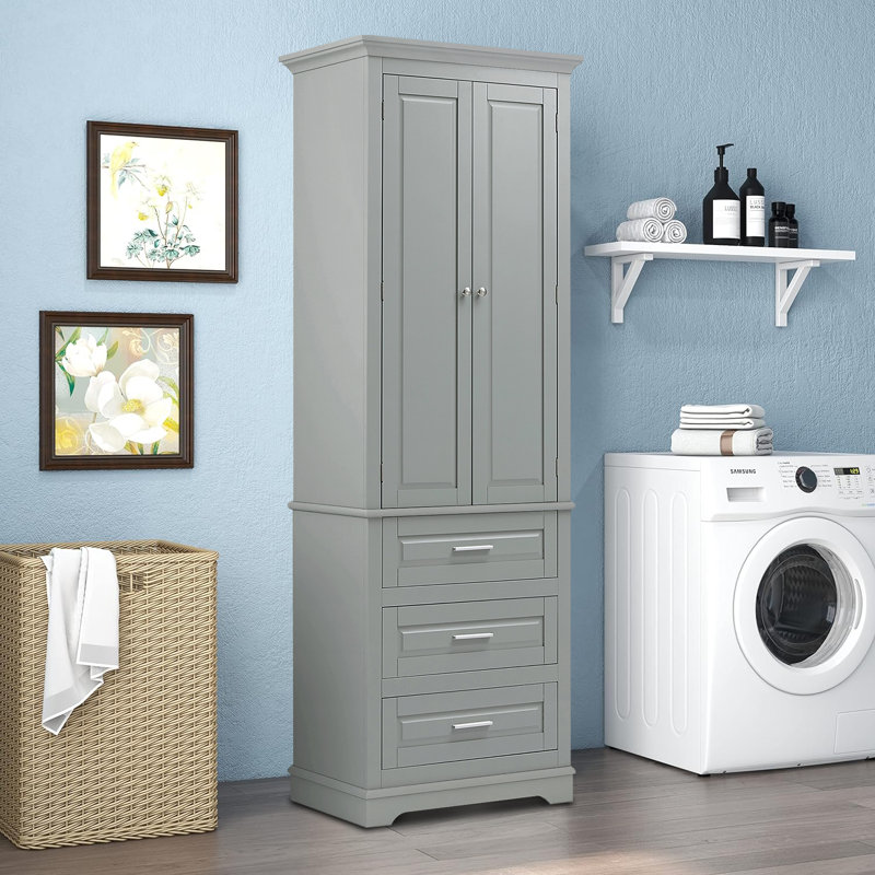 Armoire à linge de salle de bain autoportante avec poignées en métal Coster, Gris