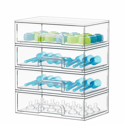 4-Pack Acrylic Baby Bottle Storage Organizer, Stackable Clear Drawer Container for Countertop, Vanity, Bathroom, Cabinet & Pantry, 4L