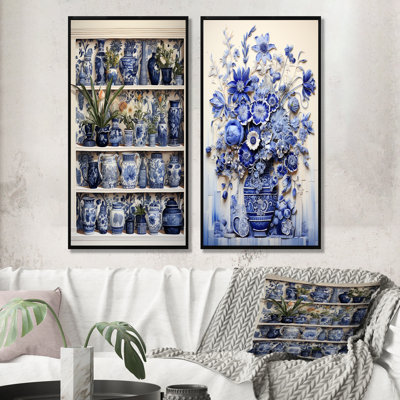 Ensemble de 2 décorations murales bleues et blanches Boho Plant Pottery II - Boho Pottery