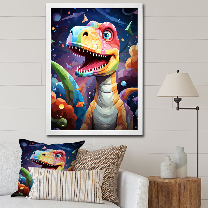 Cubiste mignon, dinosaure pour enfants - art mural dinosaure, Cadre simple blanc, H 32 po x l 24 po x P 1 po