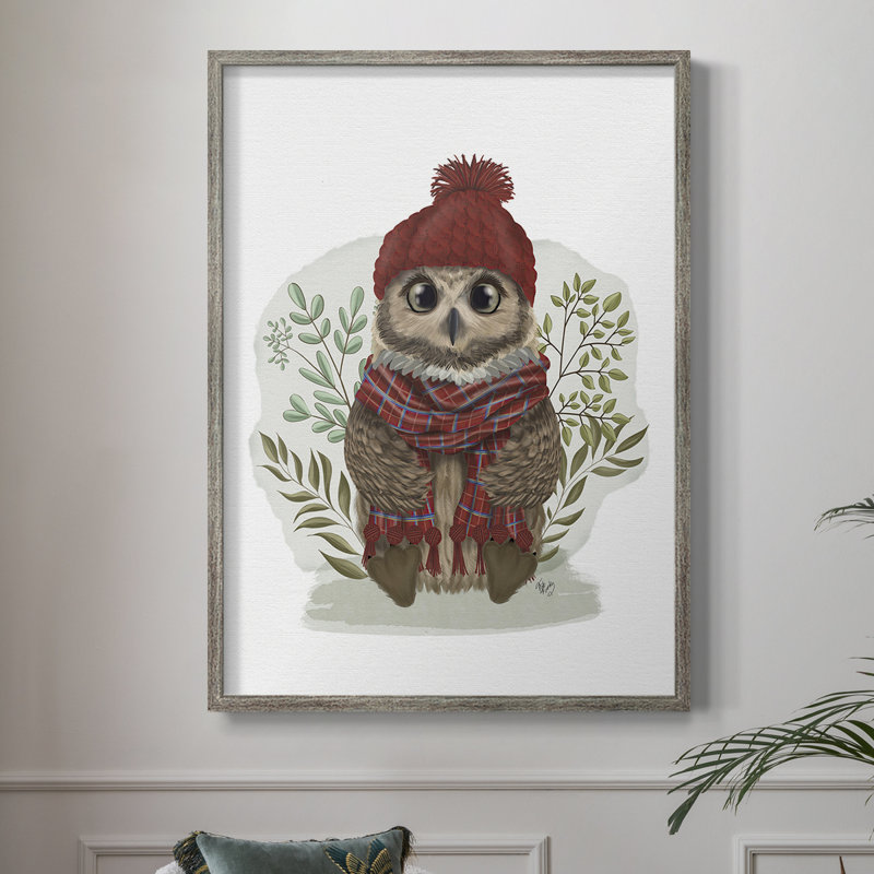 Owl in Tartan Scarf Framed Print - Solid Wood, 30" H x 24" W