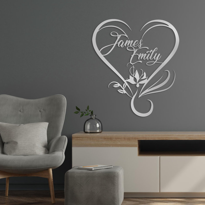 Art mural en métal cœur, signe de noms de couple, cadeau de mariage, cadeau d'anniversaire, décoration de chambre à coucher, décoration murale amour, cadeau de maison