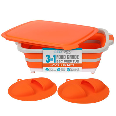 Collapsible BBQ Prep Tub with Lid and 2 BBQ Mitts - Large 17L Grill Caddy Marinating Container, Cutting Board, Colander - Portable Wash Basin Kitchen Tailgate Camping Sink (Orange)