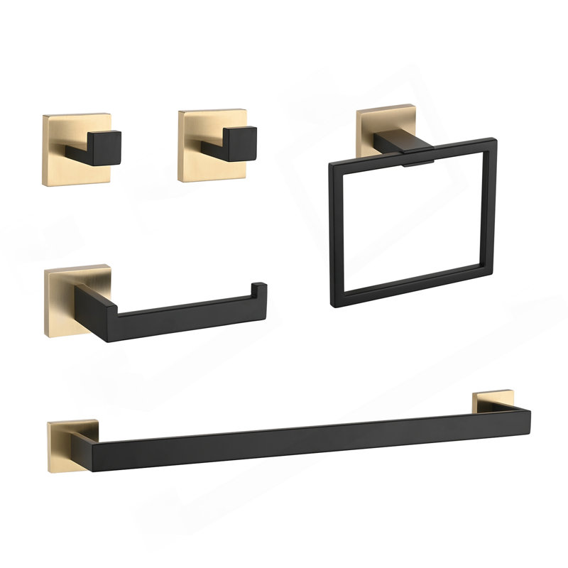 5-Piece SUS304 Bathroom Set: Towel Bar + Ring + Hooks + TP Holder, Brushed Finish, Black/Gold