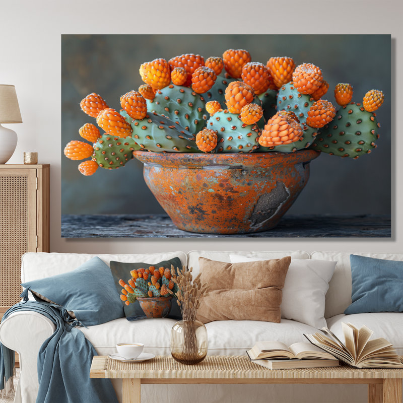 Photo monochrome orange et vert de Cactus dans un vase I - Cactus, art mural, Toile tendue, H 24 po x l 32 po