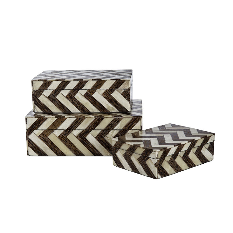 S/3 Brown and White Bone Inlay Boxes with Zig-Zag motif