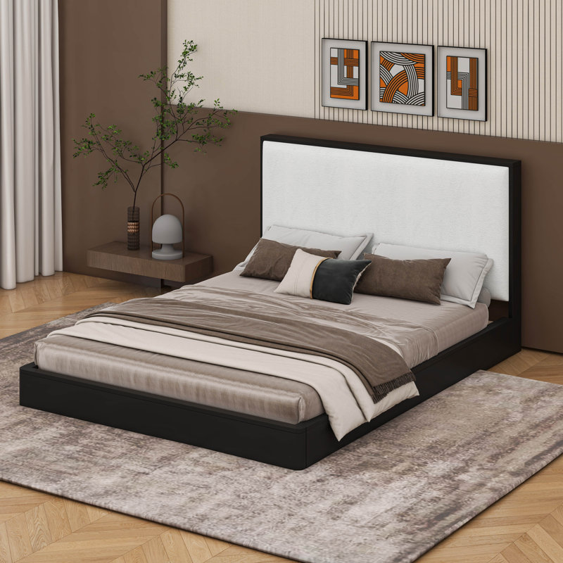 Structure de lit plateforme Mid-Century avec tête de lit tapissier Boucle, lit à profil bas en bois massif, Grand lit, Noir