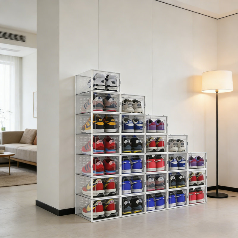 Clearview Stackable & Foldable Shoe Storage Boxes - 12 Pack, Transparent Plastic Organizers For Closet, Entryway