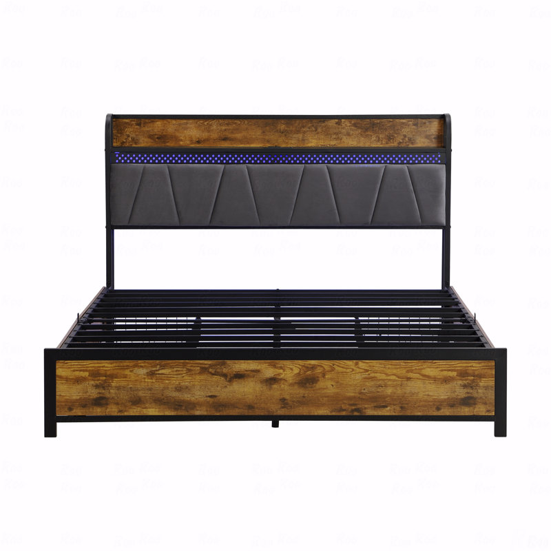 Bed Frame Queen Size, With Storage Function With Headboard With Charging Station Function And 4 With Storage Function Drawers,With LED Lighting Function