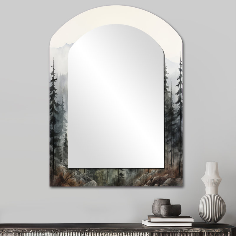 Pin, Misty Mountain II - miroir asymétrique en pin, miroir mural décoratif Green Arch, impression sur métal, 34 po x 25 po