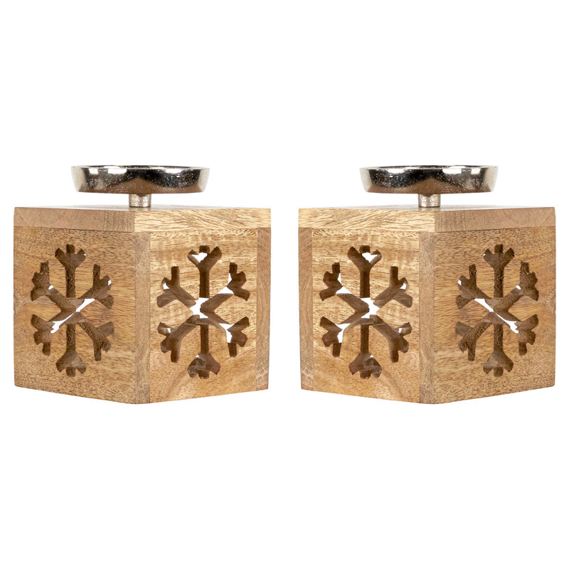 Bougeoirs de Noël en forme de flocons de neige en bois - 4,75 po - ensemble de 2