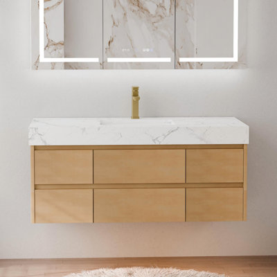 48" Floating Maple Wood Bathroom Vanity With Engineered Marble Top, Ceramic Undermount Sink, LED Lighting & 6 Soft-Close Drawers – Natural Finish