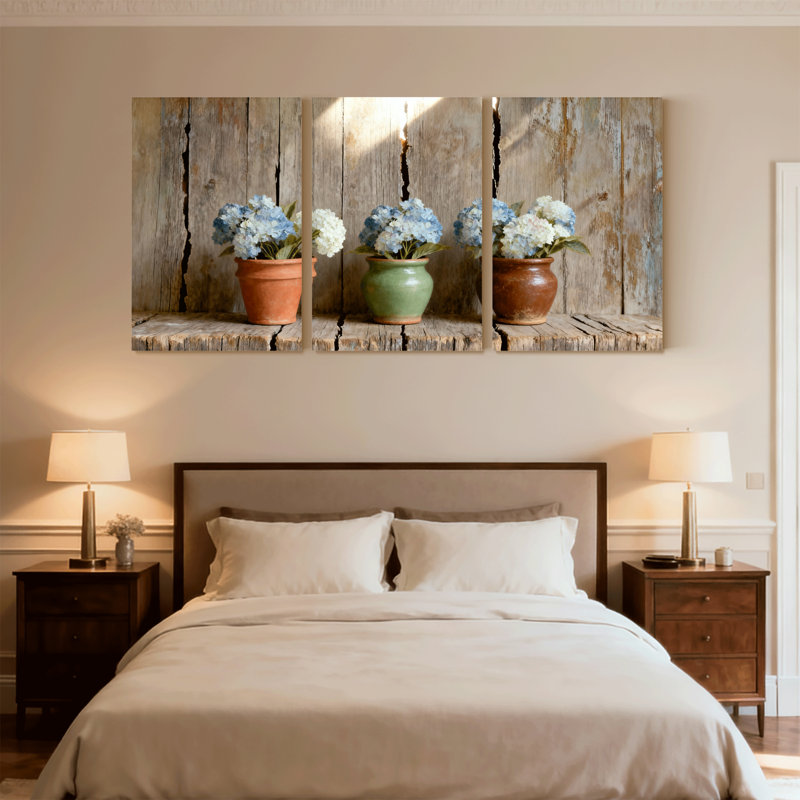 Fleurs d'hortensia en pots sur tablette en bois, ensemble de 3 impressions sur toile, H 30 po x l 60 po