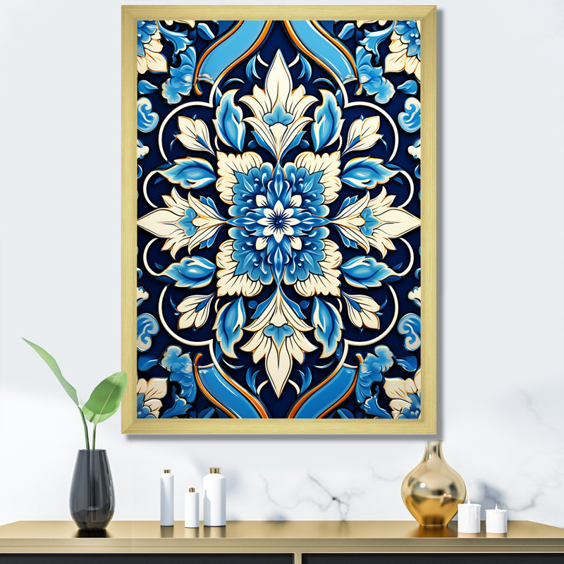 Motif abstrait abstrait bleu et blanc - tuile abstraite, Encadrement doré, H 44 po x l 34 po x P 1,5 po