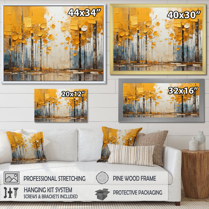 Collage de bois jaune Berlene Forest II - impression, Cadre simple noir, H 30 po x l 40 po x P 1,5 po