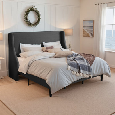 Bowdoin Modern Linen Upholstered Wingback Platform Bed with Wooden Slats