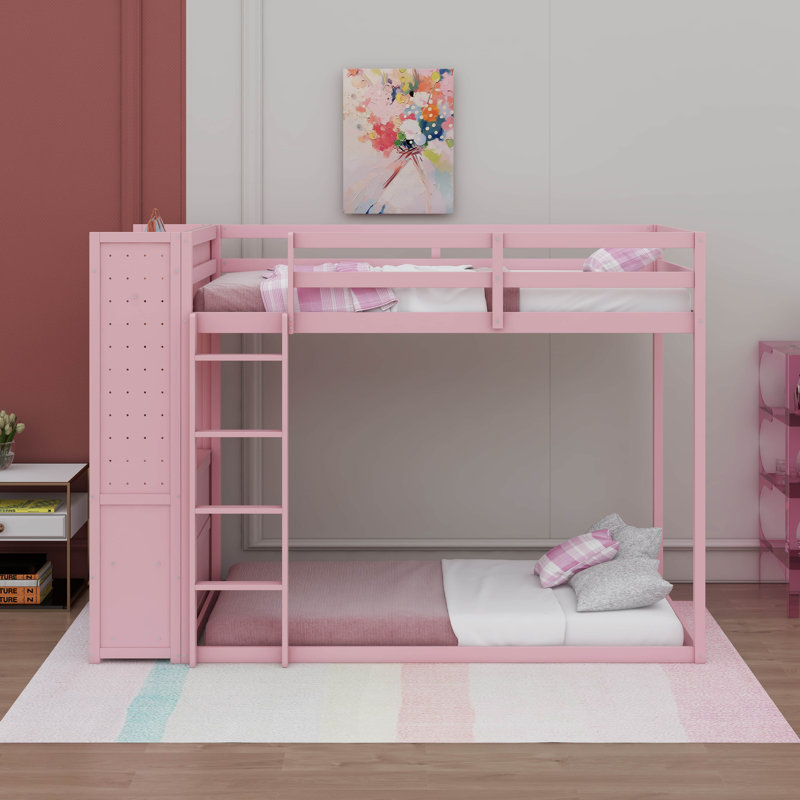 Lit superposé en bois avec garde-robe intégrée et 4 tiroirs de rangement, bande lumineuse intégrée et panneau perforé, Pink