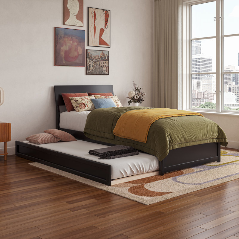 Norla Twin XL Wood Platform Bed with Footboard and Twin XL Trundle, White, Twin XL, Black