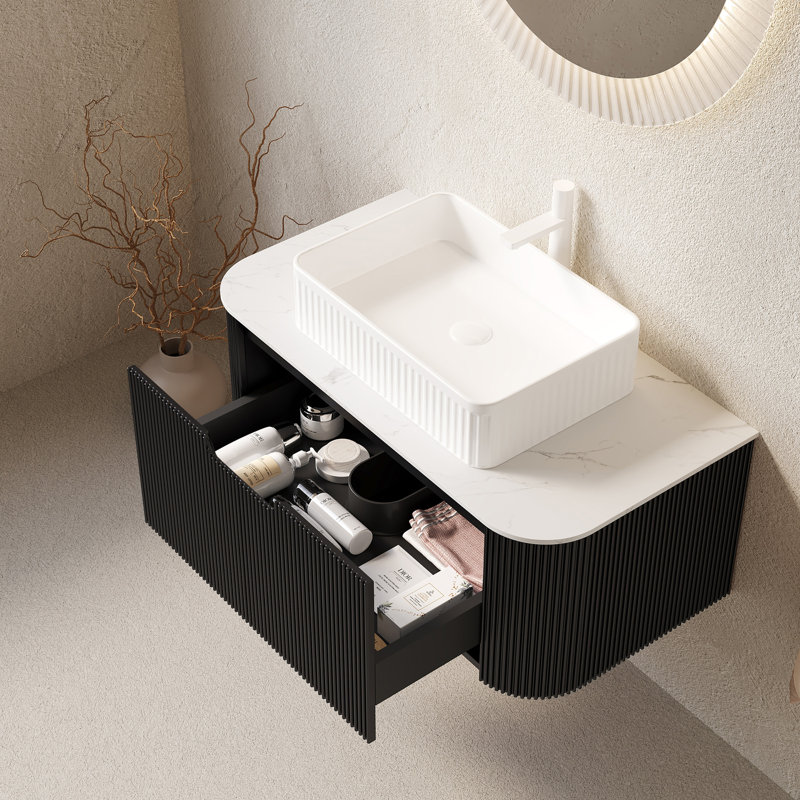 Meuble-lavabo de salle de bain avec lavabo, armoire de rangement de salle de bain flottante à bords arrondis avec tiroir, lavabo rectangulaire en céramique blanche, sans robinet, pré-assemblé