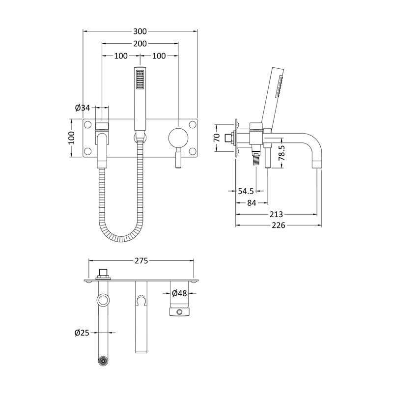 Tec Wall Bath Shower Mixer Bath Filler with Diverter