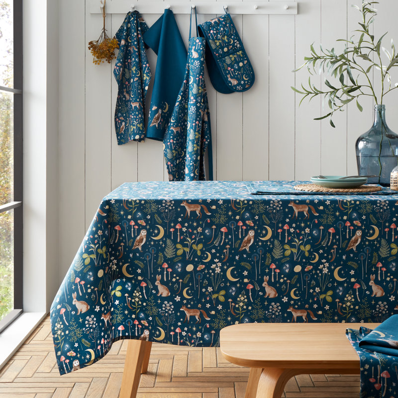 Enchanted Twilight Animals Cotton Table Cloth, 137cm W x 229cm L, Navy Blue