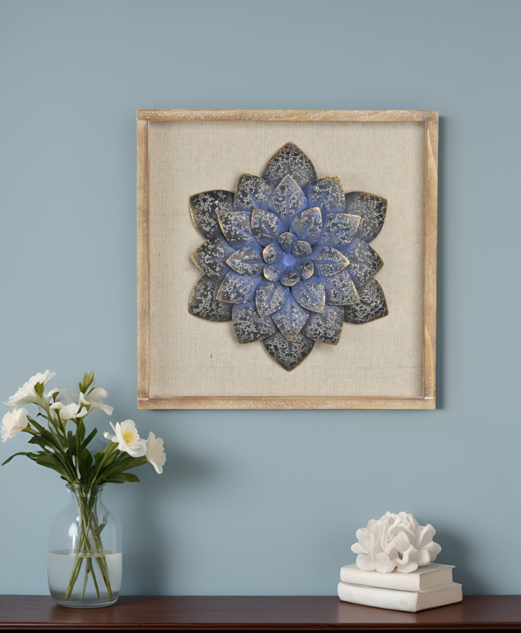 HomeRoots 12" X 13" Dark Blue Flower Wood and Metal Wall Decor | Wayfair