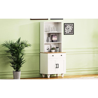 De style bibliothèque avec tiroir et 5 tiroirs à finition blanche, armoire de rangement, pieds en bois massif et blanc pour le bureau personnel