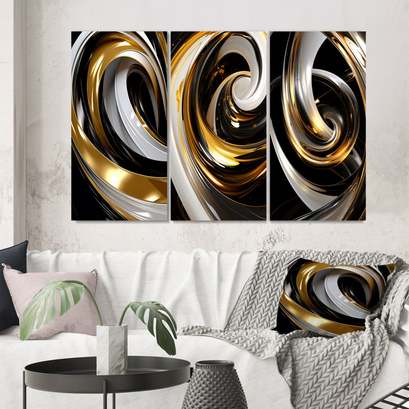 Liquid Gold Black And White Swirling Dimension II - Abstract Spirals Art Set Of 3 Pieces, Toile tendue, H 32 po x l 48 po