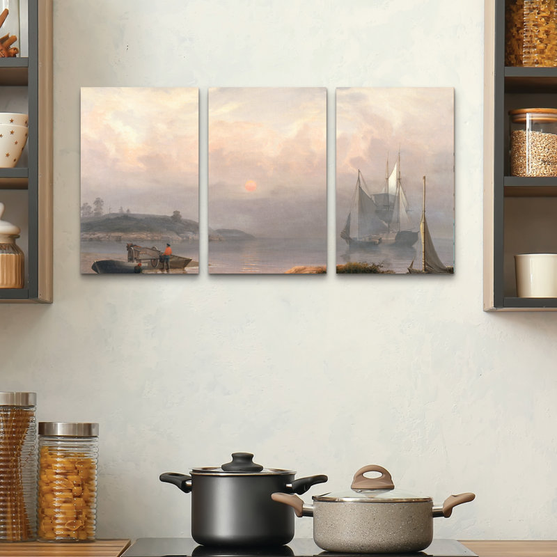 Ensemble de 3 panneaux - Marcus Jules «Ships in Harbor», art mural sur toile pour le salon, la chambre à coucher ou le bureau 
