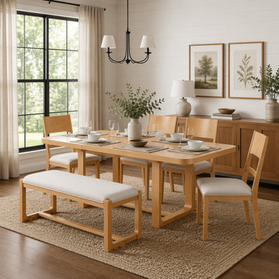  6-Piece Extendable Solid Wood Dining Set, Expandable Rectangular Dining Table with 4 Padded Chairs & Cushioned Bench, Heavy Duty Weight Capacity Farmhouse Dining Room Furniture