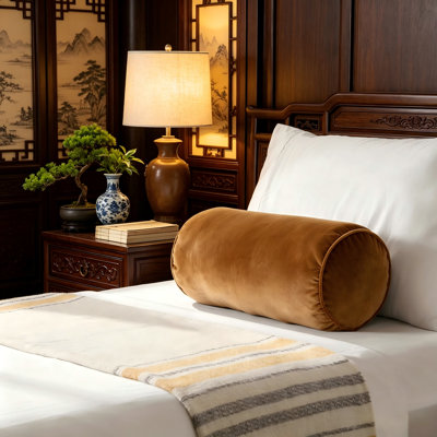 Long oreiller rétro en velours brun, en tissu de polyester, avec une texture douce et décorative