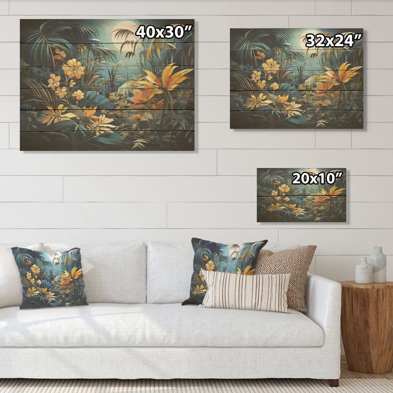 Fantasy Jungle Plants Under Moonlight I - Art sur bois de pin naturel, H 30 po x l 40 po