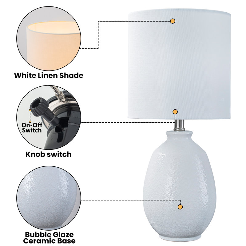 19in. White Bubble Glaze Ceramic Table Lamp With White Linen Shade And Brushed Nickel Lamp Neck, White Bubble Glaze