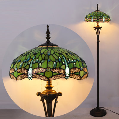 Lampe sur pied Tiffany en vitrail vert avec lampe de lecture sur pied 16 x 16 x 70 pouces, lampe de coin antique, chambre à coucher, bureau, salon