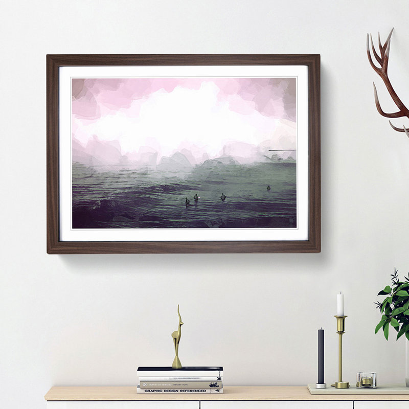 Surfers in the Water in Abstract - Picture Frame Graphic Art Print, 62cm H x 87cm W x 2cm D, Walnut Framed