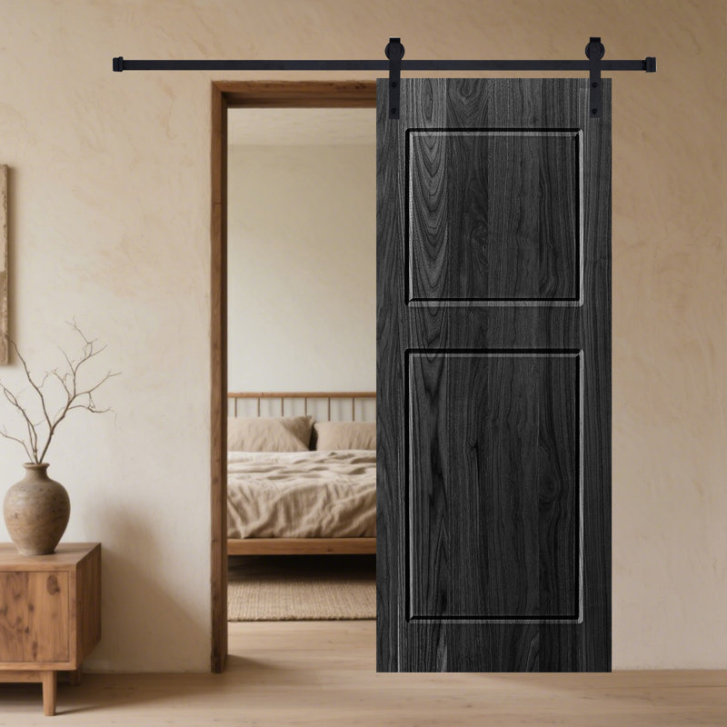 Porte de grange coulissante moderne en bois noir à 2 panneaux avec ensemble de quincaillerie