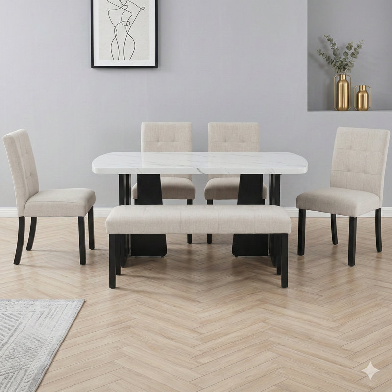 Ensemble de salle à manger moderne 6 pièces, table de salle à manger en faux marbre 63 "avec pieds géométriques, 4 chaises rembourrées et 1 banc, facile à assembler, convient pour la salle à manger ou la cuisine, beige et blanc
