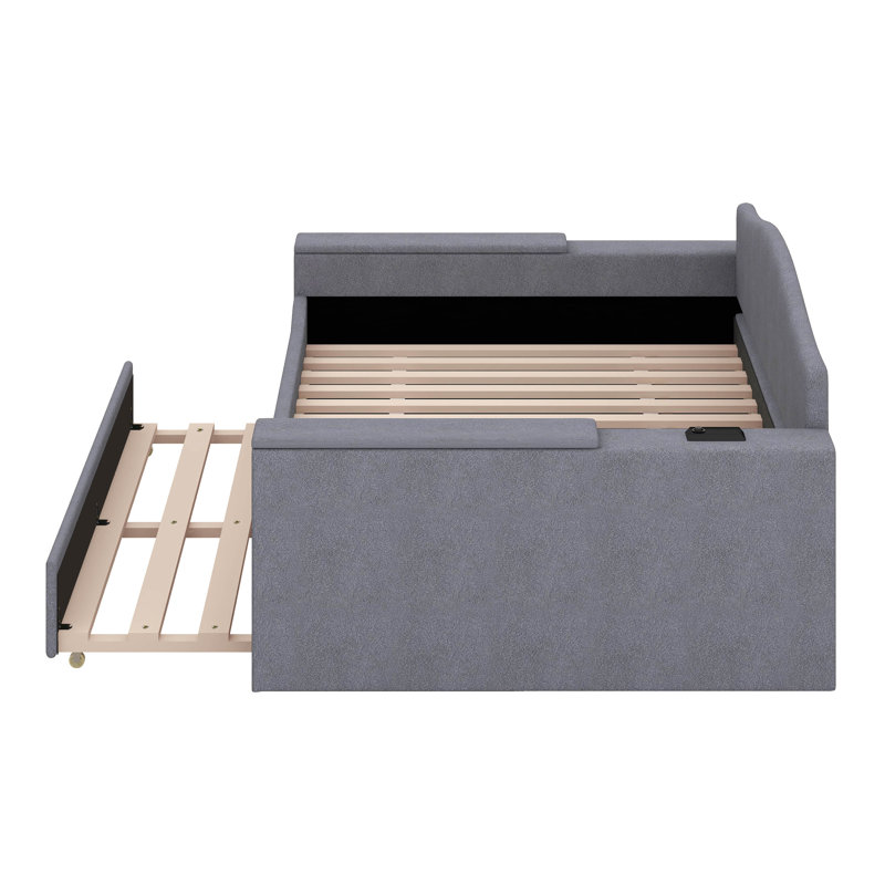 Full Size Upholstered Daybed with Storage Armrests, Trundle And Latest Bluetooth Audio System, Grey