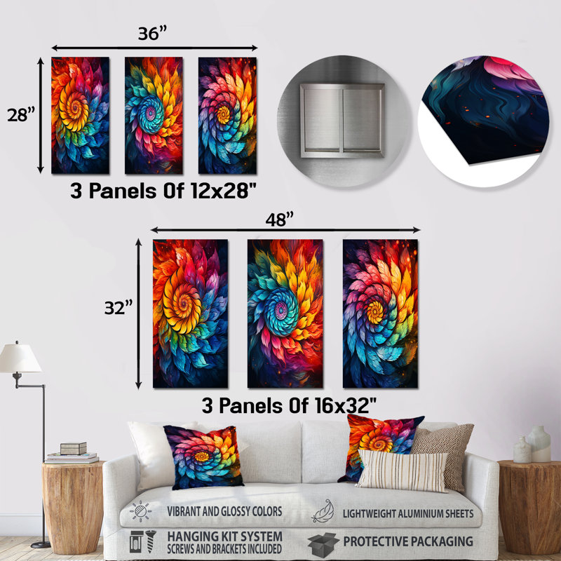 Fractal Colorfulfloral Spiral I - Abstract Spirals, ensemble de 3 impressions sur métal, H 32 po x l 48 po